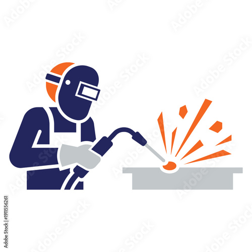 Vector illustration of a welder using a welding torch, emitting vibrant, hot sparks with a blue and orange color scheme on a white background, symbolizing craftsmanship and industry