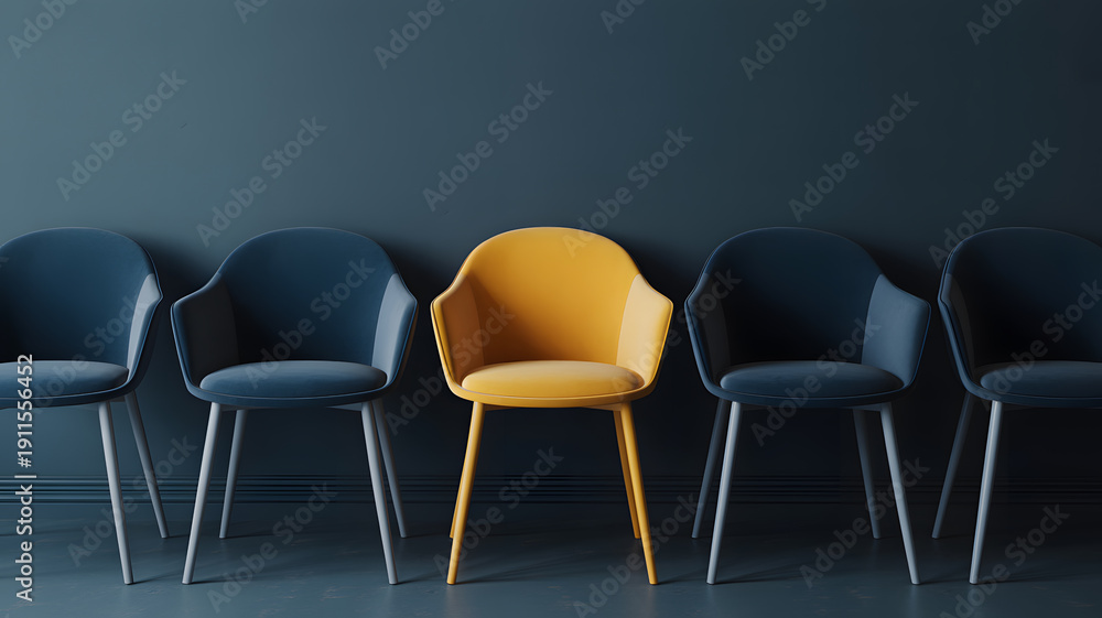 Obraz premium A row of chairs with one yellow chair standing out among the blue ones