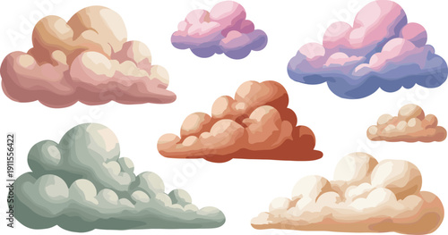 Collection of colorful, cartoon-style clouds in various shapes and sizes floating in the air, illustrated from a straightforward viewpoint