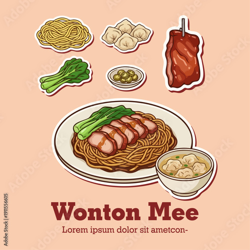 Traditional Malaysian dry Wonton Mee or Wan Tan noodles with char siu BBQ pork, dumplings and pickled green chili vector illustration