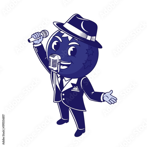 Cartoon Blueberry Character Singing into Microphone Wearing a Suit and Hat.