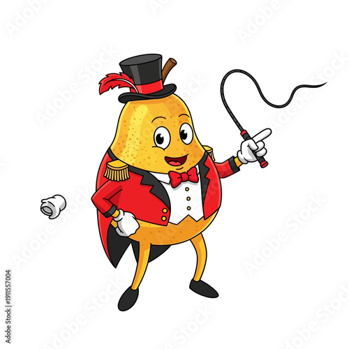 Circus Ringmaster Mango Character Holding Whip and Top Hat.