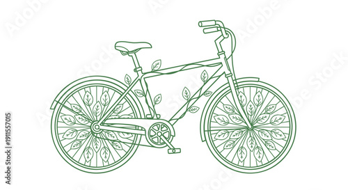 A green line drawing of a bicycle with leaf details isolated on transparent background