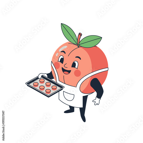 Cute anthropomorphic peach character wearing an apron holding a baking tray with cookies.