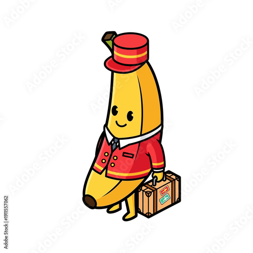 Cute banana character dressed as a hotel bellhop with luggage.