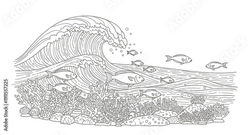 Vector illustration of a large wave with fish and coral reef isolated on transparent background