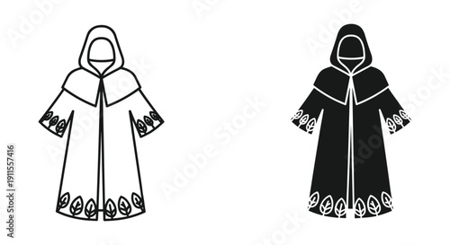Two minimalist ghost figures in traditional attire standing side by side isolated on white background
