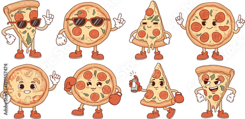 A collection of anthropomorphic pizza slices with different toppings and accessories standing in a white space