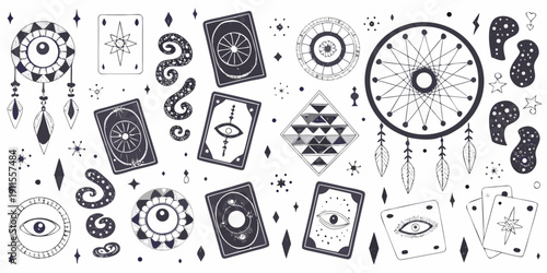 Mystical tarot cards celestial symbols and dreamcatcher elements in black and white