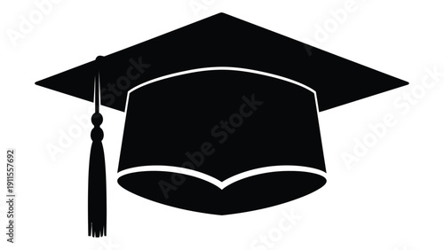 A black graduation cap with a tassel hanging from the top. Vector