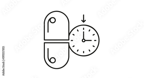 Vector illustration of a broken clock capsule with an arrow pointing downwards, isolated on transparent background