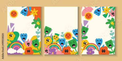Summer kids background. Playful illustration design for poster, card and classroom decor with colorful rainbow, flowers and cute characters in isolate. Fun abstract shape children party or celebration