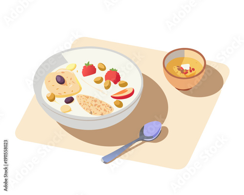 Flat lay vector illustration of a healthy Sehri meal with yogurt, oats, fruits, and nuts, morning sunlight shadows, clean minimalist kitchen theme.