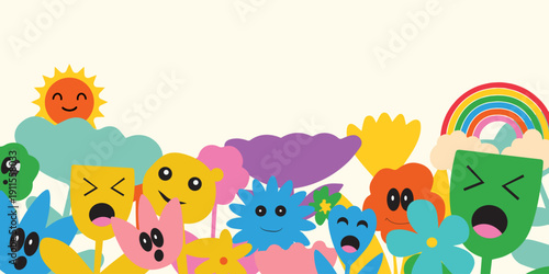 Summer kids background. Playful illustration design for poster, card and classroom decor with colorful rainbow, flowers and cute characters in isolate. Fun abstract shape children party or celebration