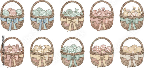 Collection of Easter baskets filled with colorful eggs and candies, presented in a charming illustration style for seasonal celebrations and holiday themes