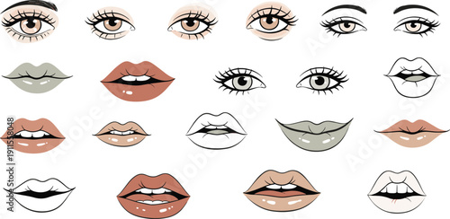 Various styles of eyes and lips in a minimalist line art illustration, offering a unique visual appeal