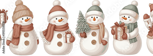 A row of snowmen with scarves and hats standing in a winter scene viewed from the front