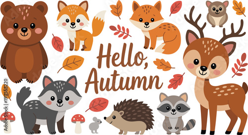 Cute autumn forest animals vector illustration with bear fox deer raccoon hedgehog and fall leaves