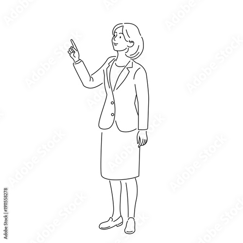Standing Professional Woman Pointing Upward – Black‑and‑White Line Art Illustration