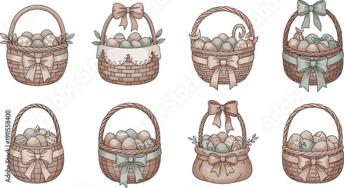 Charming Easter Baskets Filled with Colorful Eggs, Decorated with Ribbons and Bows, Perfect for Spring Celebrations