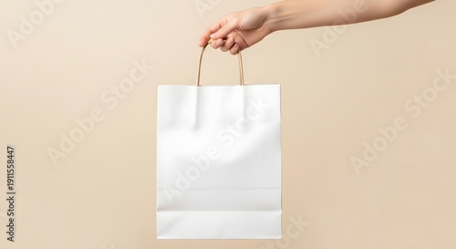 A hand holding a white paper shopping bag against a beige background