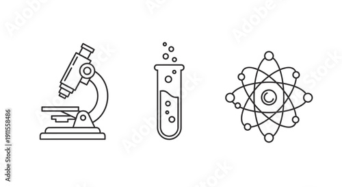 Vector icons of microscope, test tube with bubbles, and atomic structure on white background