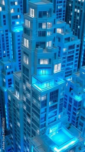 Aerial View of Modern Cityscape with Illuminated Skyscrapers.