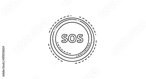 Vector SOS sign with distressed circular outline and dotted border isolated on transparent background