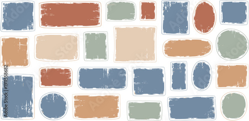 Distressed grunge stickers and labels in a muted vintage color palette, ideal for retro design elements, decorative frames, and creative backgrounds with an aged, textured look