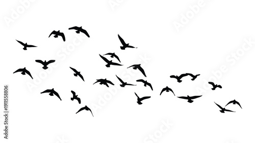 A flock of birds flying in a v-shaped formation against a white background Vector