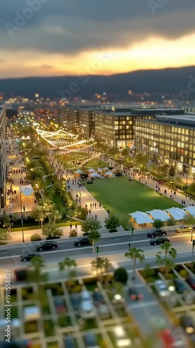 Aerial View of Cityscape at Dusk with Buildings and Park.