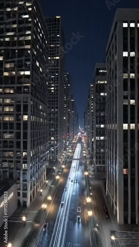 Cityscape Night Traffic Motion Blurred Skyscrapers.