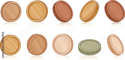Assorted wooden coins arranged in two rows on a clean white surface from a straightforward viewpoint