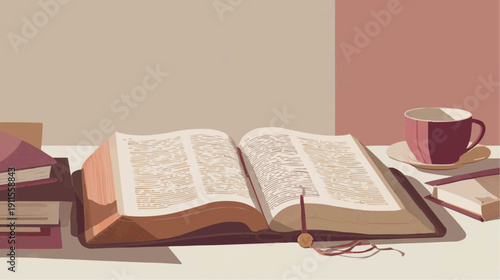 Still life illustration of an open Bible with a bookmark and coffee cup on a desk.