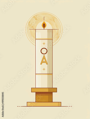 Paschal candle illustration with Alpha, Omega, and cross symbols for Easter.