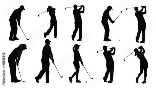 A sequence of silhouettes depicting the golf swing process in various stages Vector