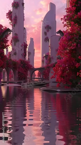 Futuristic Cityscape with Pink Reflections.