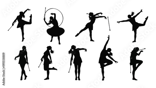 Diverse group of dancers performing various styles and movements in silhouette Vector
