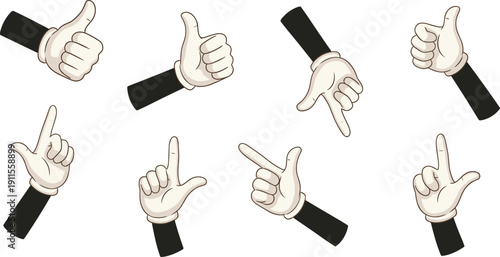 Various hand gestures illustrating different sign language symbols and expressions in a simple, illustrative style.