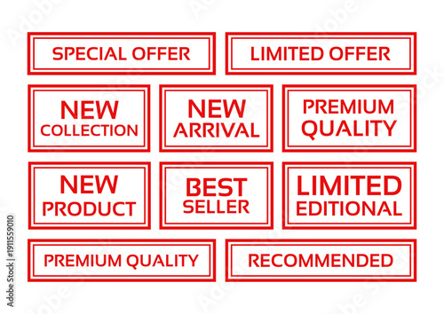 Special offer stamp imprint. Sale label in border. Red sold out emblem in frame. Marketing retail badge. Set rectangle best price stickers. Text box with buy tags. Sale product mark. Vector illustrati