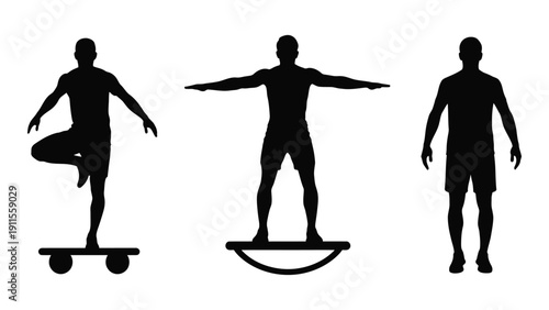 Three silhouettes demonstrating different types of balance board exercises. Vector