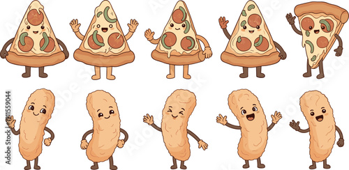 Assorted cartoon characters of pizza slices and sausages standing together in a playful arrangement viewed from directly above