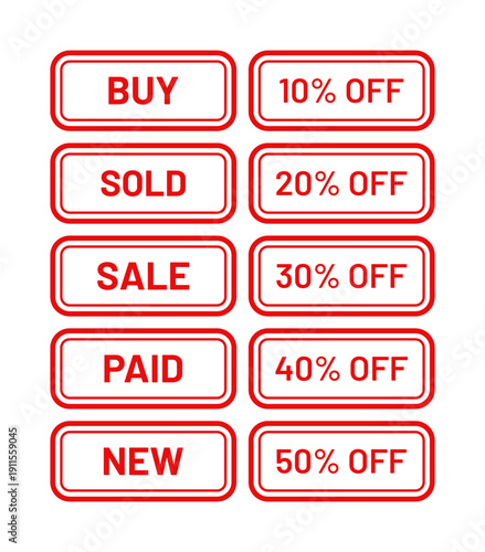 Red buy, sold, sale, paid, new emblem in frame. Rectangle sale stickers. Set of best price stamp imprint. Marketing retail badge. Text box with buy tags. Sale product mark. Vector illustration
