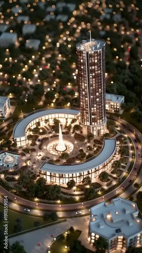 Aerial View of Modern Skyscraper at Night.