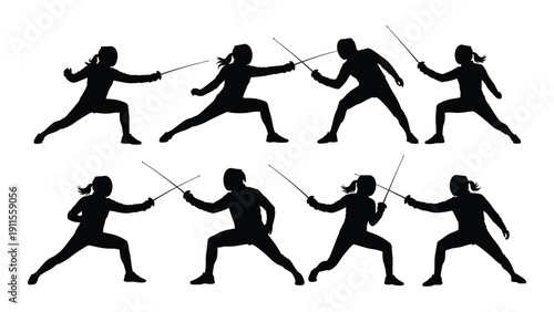 Eight silhouettes of people engaged in a fencing duel with swords Vector