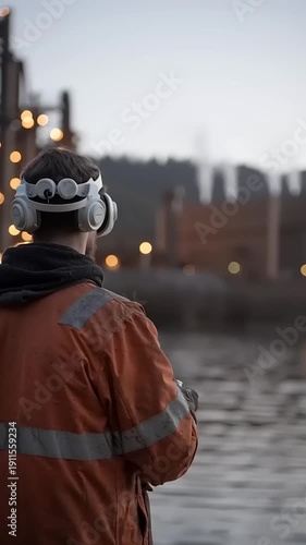 Man Wearing VR Headset Near Industrial Site.