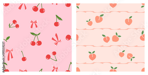Seamless cherry and peach fruit pattern with bows on pastel background.