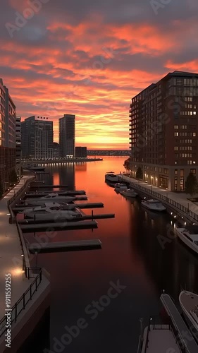 Cityscape Marina at Vibrant Sunset Dusk.