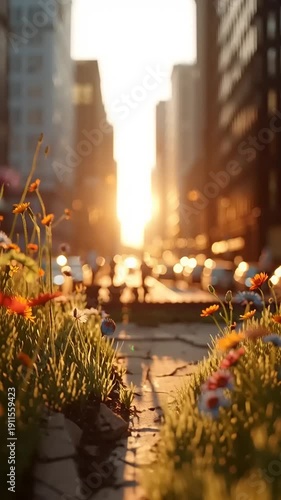 City Street with Flowers at Sunset.