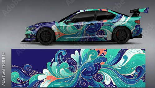 Sports car with a vibrant blue and teal wave pattern graphic wrap design.